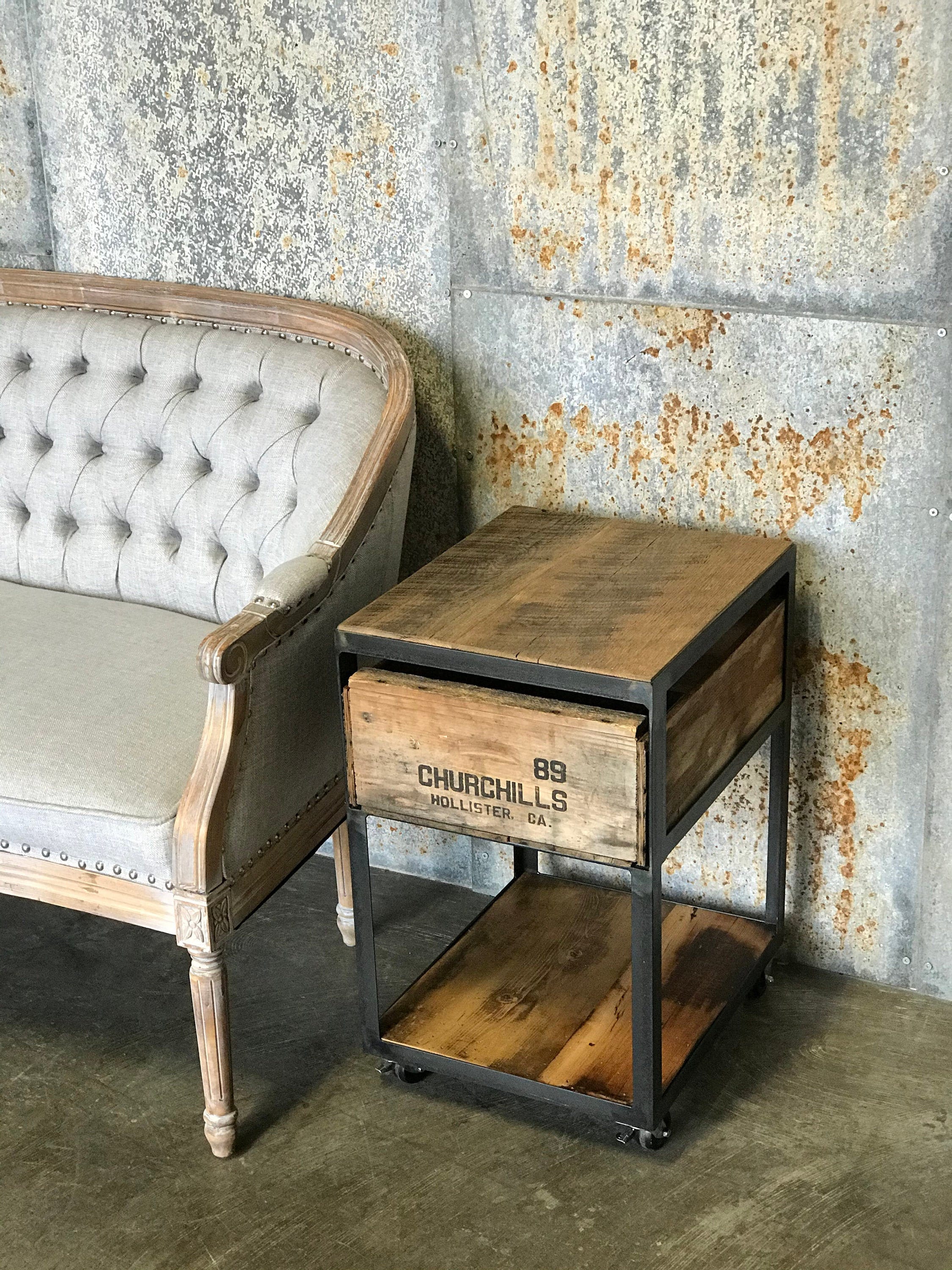 Side Table on Casters Industrial Style With Shelf on Bottom