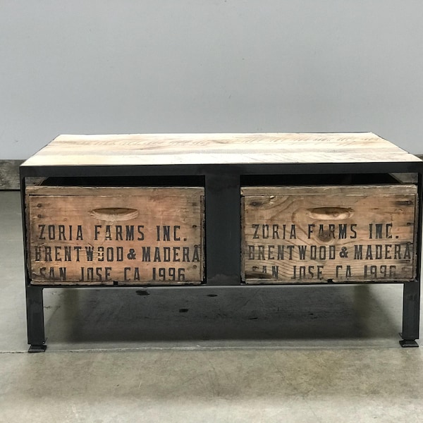 Custom Coffee Table Industrial Farmhouse | Vintage Wood Crates & Reclaimed Wood | Custom Furniture