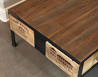 Cocktail Table The 32" Square French WINE Box Coffee Table , Reclaimed Wood Top