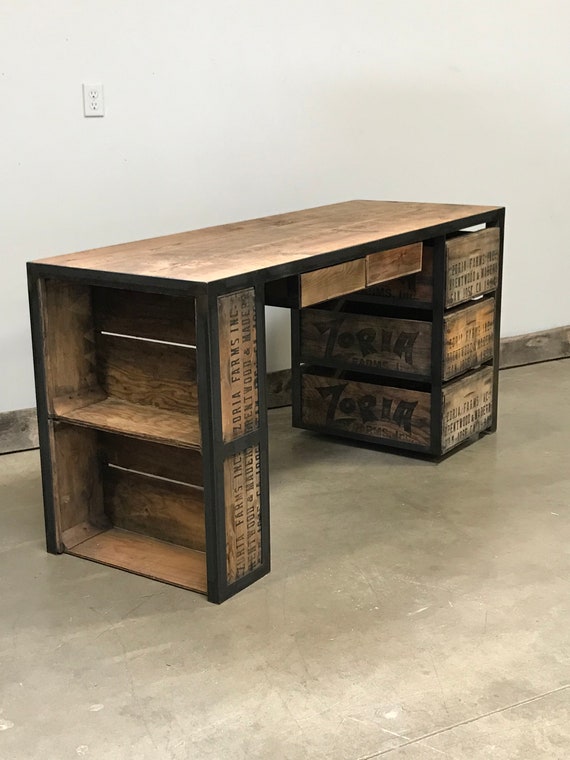 The Zoria Desk With Side Shelves Custom Made Furniture Vintage Crates And Barn Wood