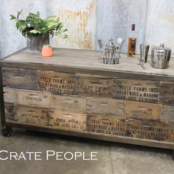 Industrial Service Cart on casters Crate Face Design -- Custom Made with Reclaimed Wood and Farm Crates