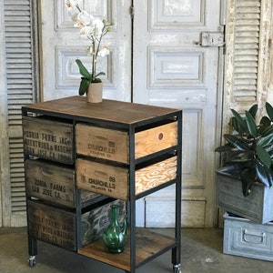 Kitchen Island Cart on Casters Reclaimed Wood and Vintage Crates on Casters Customizable Crate Furniture image 5
