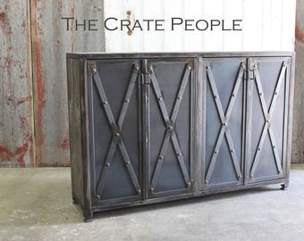 Liquor Cabinet Industrial Steel "X" Brace Metal & Reclaimed Wood Case Goods -- Custom Made Furniture