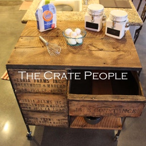 Kitchen Island Cart on Casters Reclaimed Wood and Vintage Crates on Casters Customizable Crate Furniture image 4