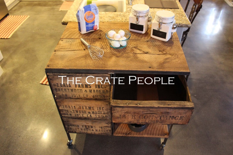 Kitchen Island Cart on Casters Reclaimed Wood and Vintage Crates on Casters Customizable Crate Furniture image 4