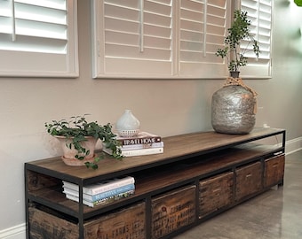 TV Console Reclaimed Wood | Vintage Crate Drawers, Industrial Media Center