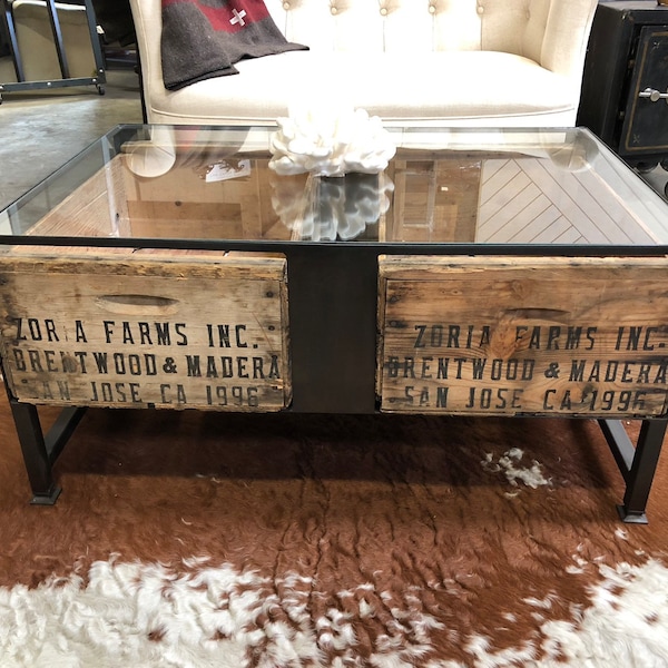 Glass Coffee Table Zoria Crates - Handmade Furniture - Vintage Fruit Crates repurposed as drawers