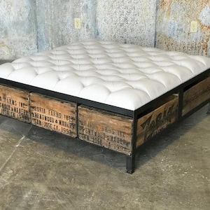 Ottoman Button Tufted The 48 Square  - Vintage Wood Crates - Custom Made Furniture