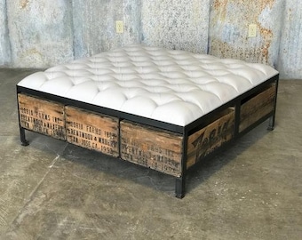 Ottoman Button Tufted The 48 Square  - Vintage Wood Crates - Custom Made Furniture