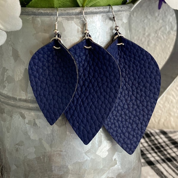 Navy pebble faux leather teardrop earrings