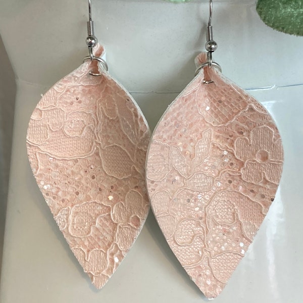 Peach lace glitter teardrop earrings