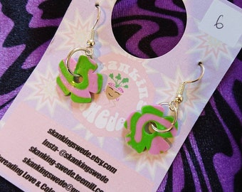 Green & Pink Flower Drops |  Trippy Neon Polymer Clay Flower Hoop Earrings | UV Earrings | Skanking Swede