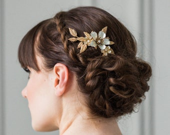 Emily Flower and Leaf Comb, Bridal Flower Comb, Bridal Flower Headpiece, Gold Leaf Comb #210