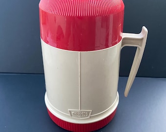 Vintage Thermos Vacuum Bottle 10oz Model 6002 Tan Red USA Wide Mouth Lined Glass