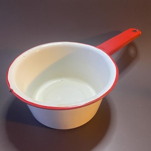Vintage Small Size White Enamelware Sauce Pan Red Trim And Handle