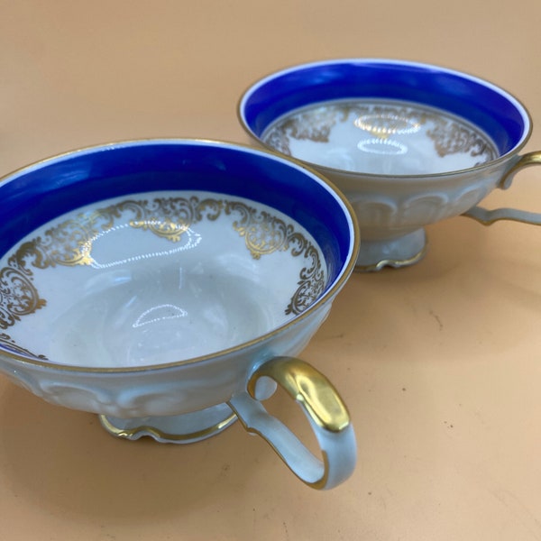 Vintage Edelstein cobalt blue and white tea cups set of two very rare pattern