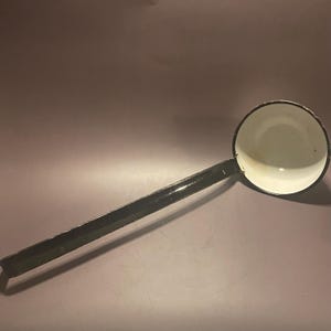 Vintage White with Black Trim Enamel Ware 16” Hooked Dipper Ladle Farmhouse