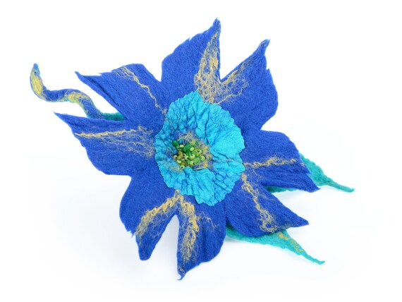 Bleu Broche Fleur Exotique En Technique De Feutrage Bleu Broche Feutrée Bleu En Feutrine Bijoux Bleu Fibre Bleu Fleur Broche B5