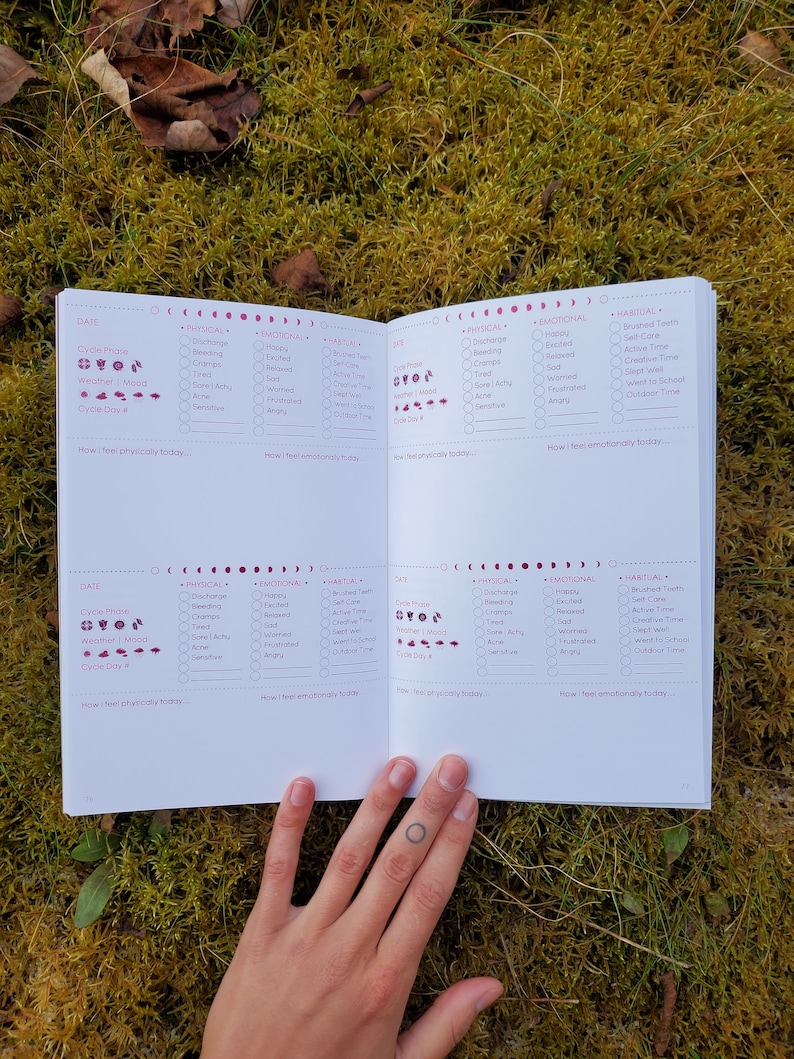 May include: A white journal with a pink and purple design. The journal has a section for tracking physical, emotional, and habitual activities. The journal has a section for tracking the menstrual cycle, weather, and mood. The journal has a section for tracking the day of the cycle.