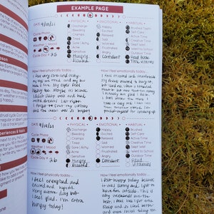 May include: A two-page spread from a self-care journal with a black and white illustration of a moon phase. The journal entry includes a date, cycle phase, weather mood, and cycle day. The journal entry also includes a checklist of physical, emotional, and habitual feelings and activities. The journal entry is dated September 18th and 19th, 2021.