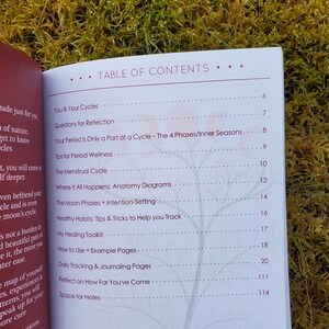 May include: A book with a pink and white cover titled "Table of Contents". The book is open to a page with a list of topics related to the menstrual cycle, including "You & Your Cycles", "The Menstrual Cycle", "Healthy Habits", and "Space for Notes".