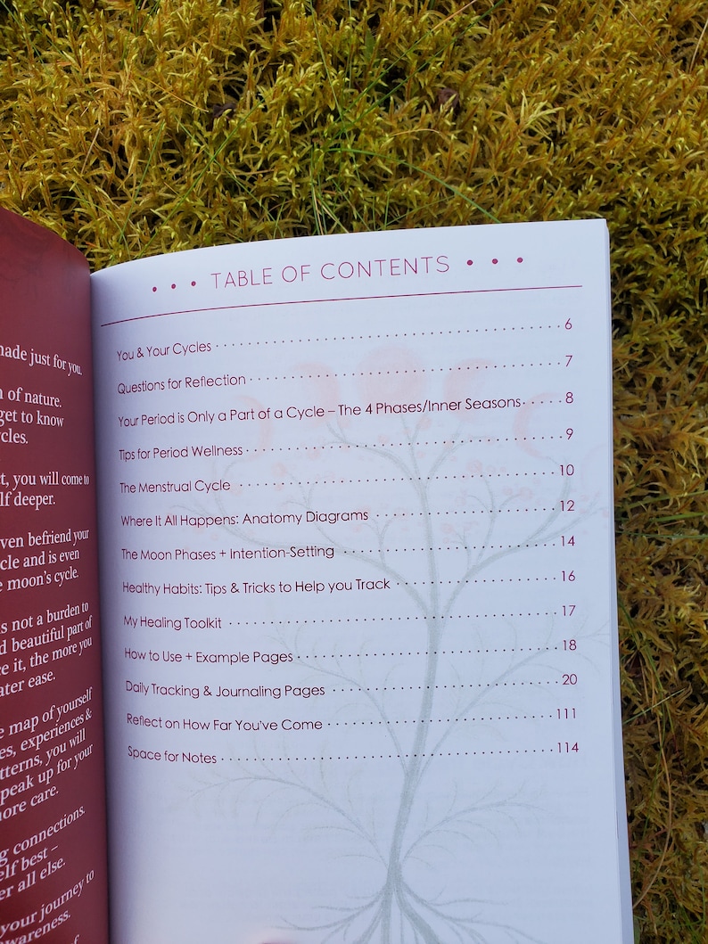 May include: A book with a pink and white cover titled "Table of Contents". The book is open to a page with a list of topics related to the menstrual cycle, including "You & Your Cycles", "The Menstrual Cycle", "Healthy Habits", and "Space for Notes".
