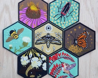 Embroidered Patches Endangered Pollinator Patch Series / Iron On Patch / Flower of Life / Hive Insect Love