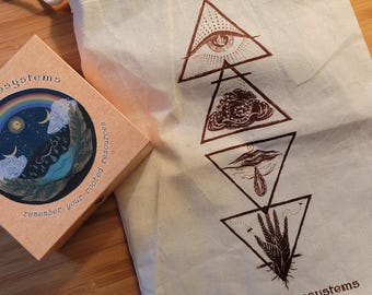 Könnte beinhalten: Eine beige Stofftasche mit Kordelzug. Die Tasche hat einen braunen Aufdruck von fünf Dreiecken mit verschiedenen Symbolen darin. Der Text "Embodied Ecosystems" ist am unteren Rand der Tasche aufgedruckt. Im Hintergrund sind eine Schachtel mit dem Text "remember your rooted resources" und ein Buch mit dem Text "the Embodied Ecosystems guidebook" zu sehen.