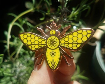 Honeybee Hard Enamel Pin / Protector Pollinator / Honeycomb Bee Copper