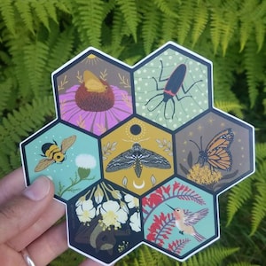 Vinyl Sticker: Endangered Pollinator Series / Large Bee Bumper Sticker / Flower of Life / Hive Insect Love