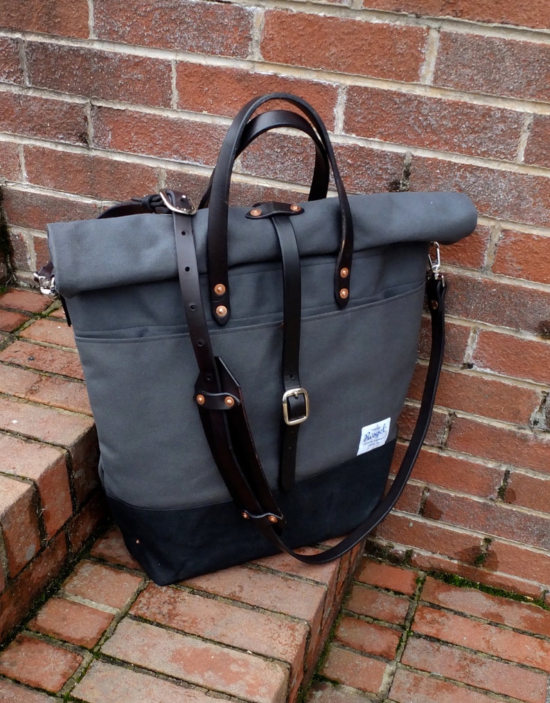 Waxed Canvas Roll Top Rucksack with Leather StrapsHandles Waxed Canvas Messenger-Large Gray and Black Bag Perfect for Traveling