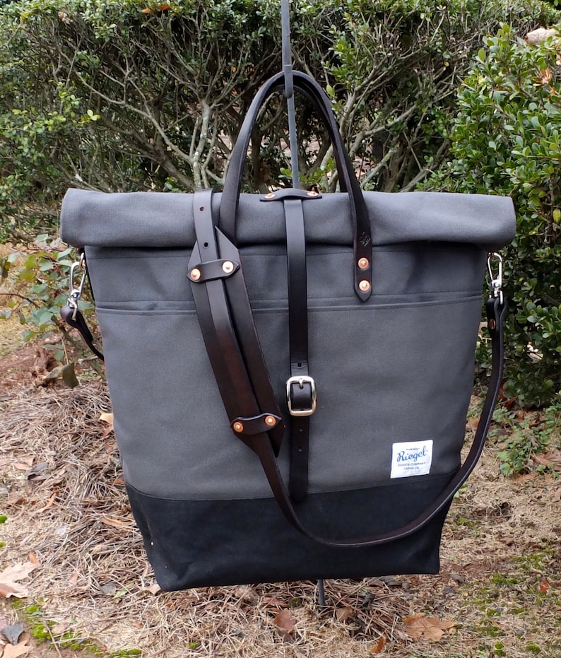 Waxed Canvas Roll Top Rucksack with Leather StrapsHandles Waxed Canvas Messenger-Large Gray and Black Bag Perfect for Traveling