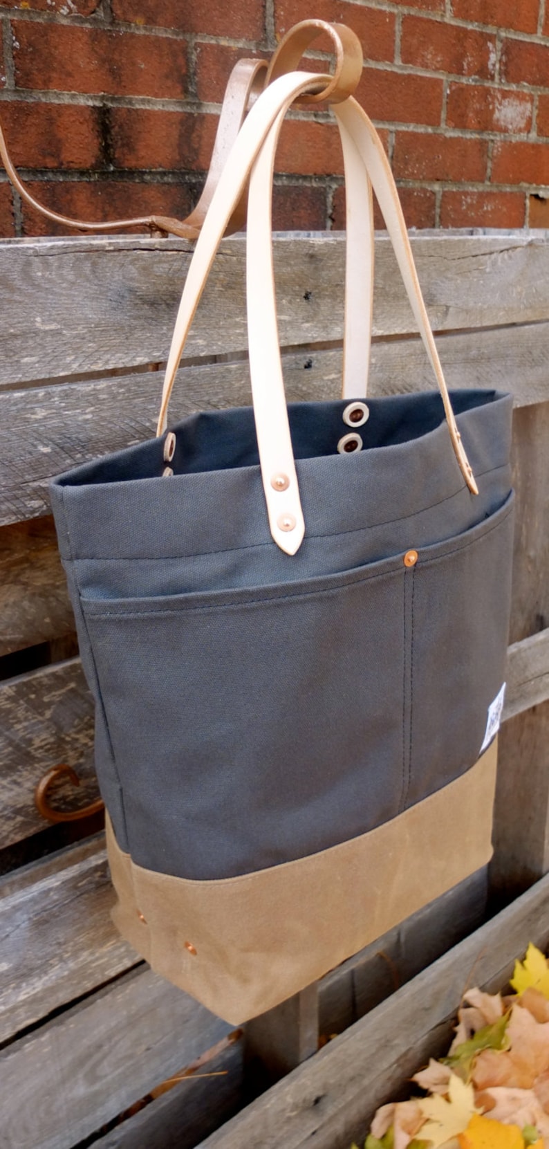 Waxed Canvas Tote Bag with Leather Handles Large Gray & Tan | Etsy