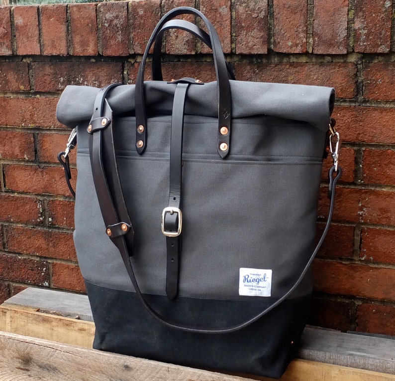 Waxed Canvas Roll Top Rucksack with Leather StrapsHandles Waxed Canvas Messenger-Large Gray and Black Bag Perfect for Traveling