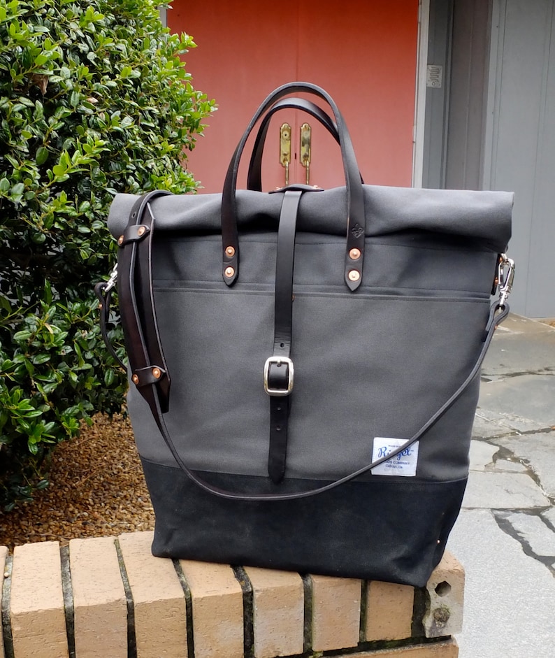 Waxed Canvas Roll Top Rucksack with Leather StrapsHandles Waxed Canvas Messenger-Large Gray and Black Bag Perfect for Traveling
