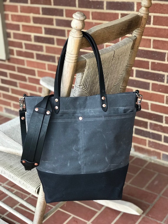 waxed canvas tote with shoulder strap