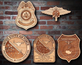 Op de afbeelding: Vijf houten plaquettes met gegraveerde ontwerpen. De bovenste plaquette is een US Special Agent-badge. De tweede plaquette is een gevleugelde Special Warfare-badge. De derde en vierde plaquettes zijn United States Air Force Professional Military Education-badges. De vijfde plaquette is een Barksdale Confinement-badge.