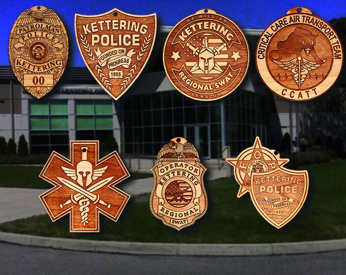 Wooden Kettering OH PD Badge or Patch Ornament