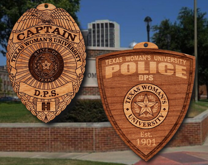 Wooden Texas Womans Univ Badge or Shoulder Patch Ornament