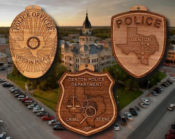 Wooden Denton TX PD Badge or Shoulder Patch Ornament