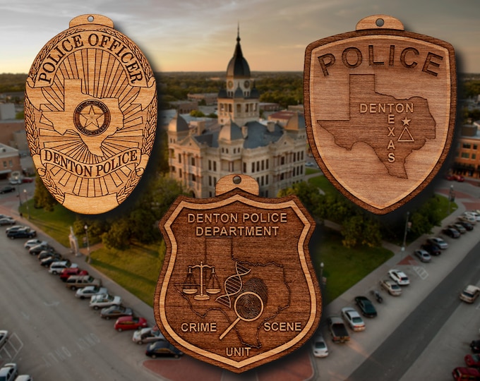 Wooden Denton TX PD Badge or Shoulder Patch Ornament