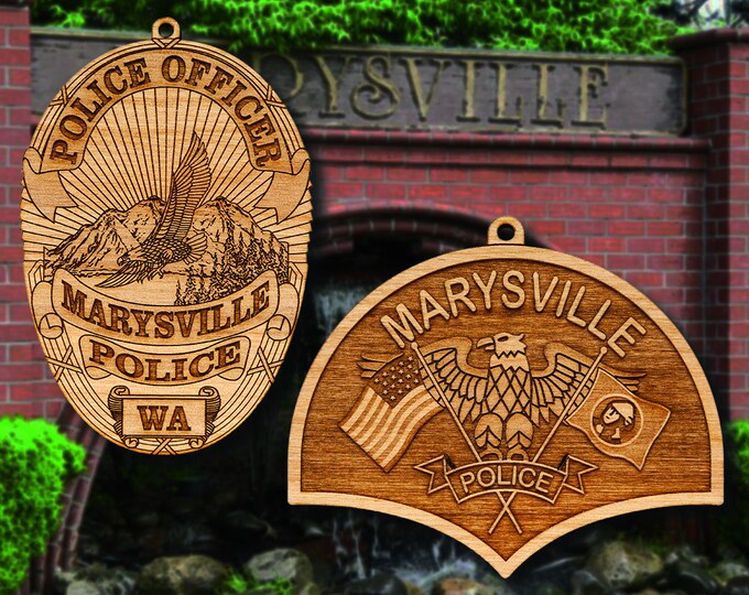 Personalized Wooden Marysville  PD Badge or Shoulder Patch Ornament