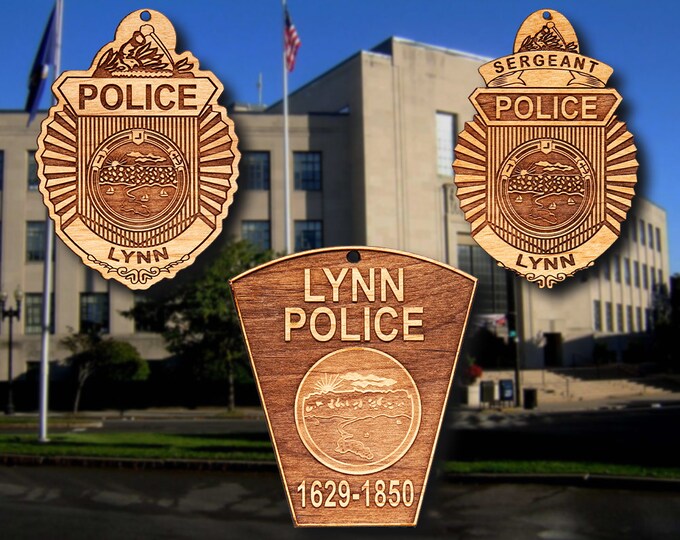Wooden Lynn MA PD Badge or Shoulder Patch Ornament