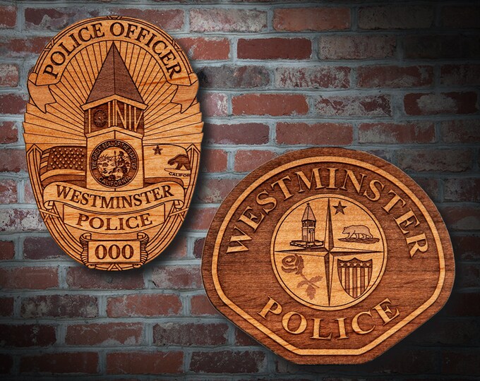 Wooden Westminster CA Police Badge and Plaque