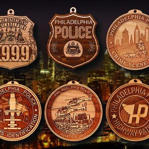Personalized Wooden Philadelphia PD Badge or Shoulder Patch Hanging Ornament
