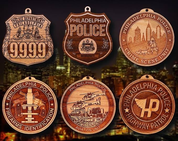 Personalized Wooden Philadelphia PD Badge or Shoulder Patch Hanging Ornament