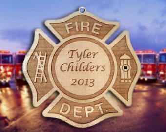 Personalized Wooden Maltese Cross Fire Dept Christmas Ornament