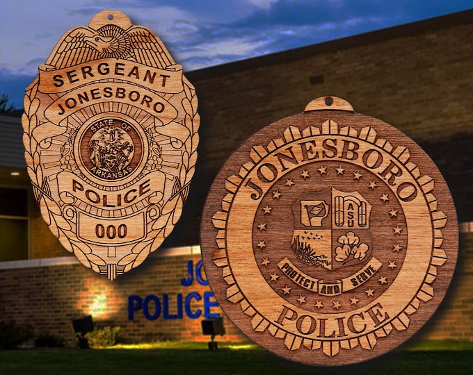 Wooden Jonesboro AR Badge or Shoulder Patch Ornament
