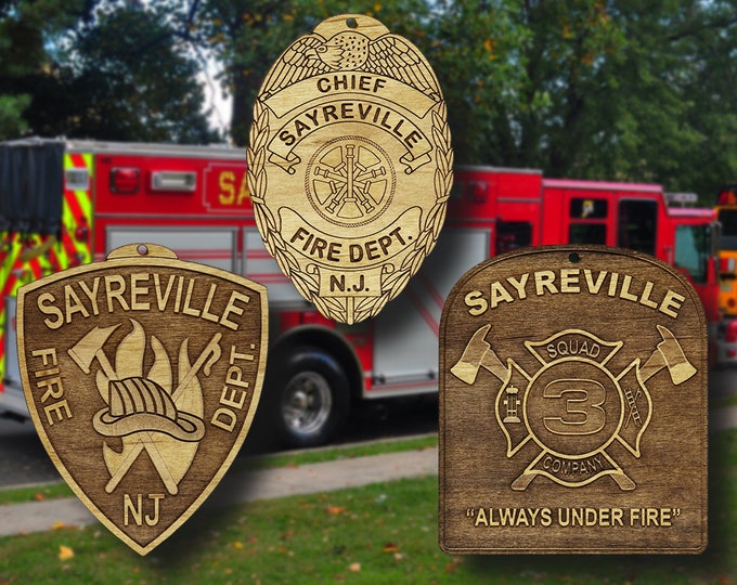 Wooden Sayreville NJ FD Badge or Patch Ornament