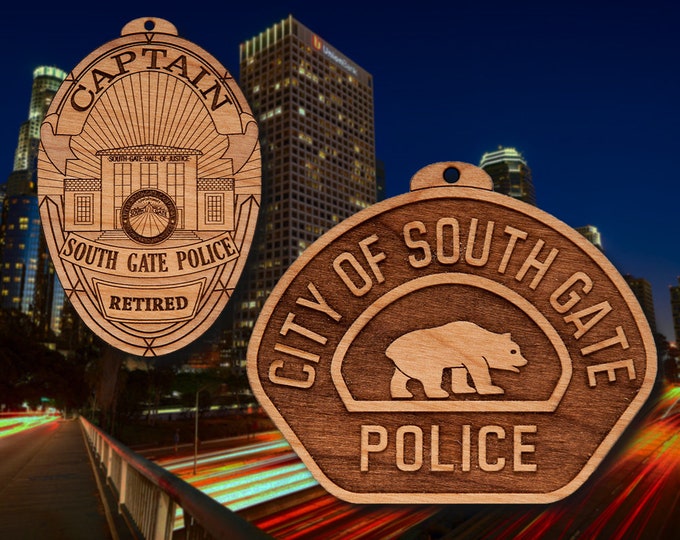 Wooden South Gate CA Police Badge or Shoulder Patch Ornament